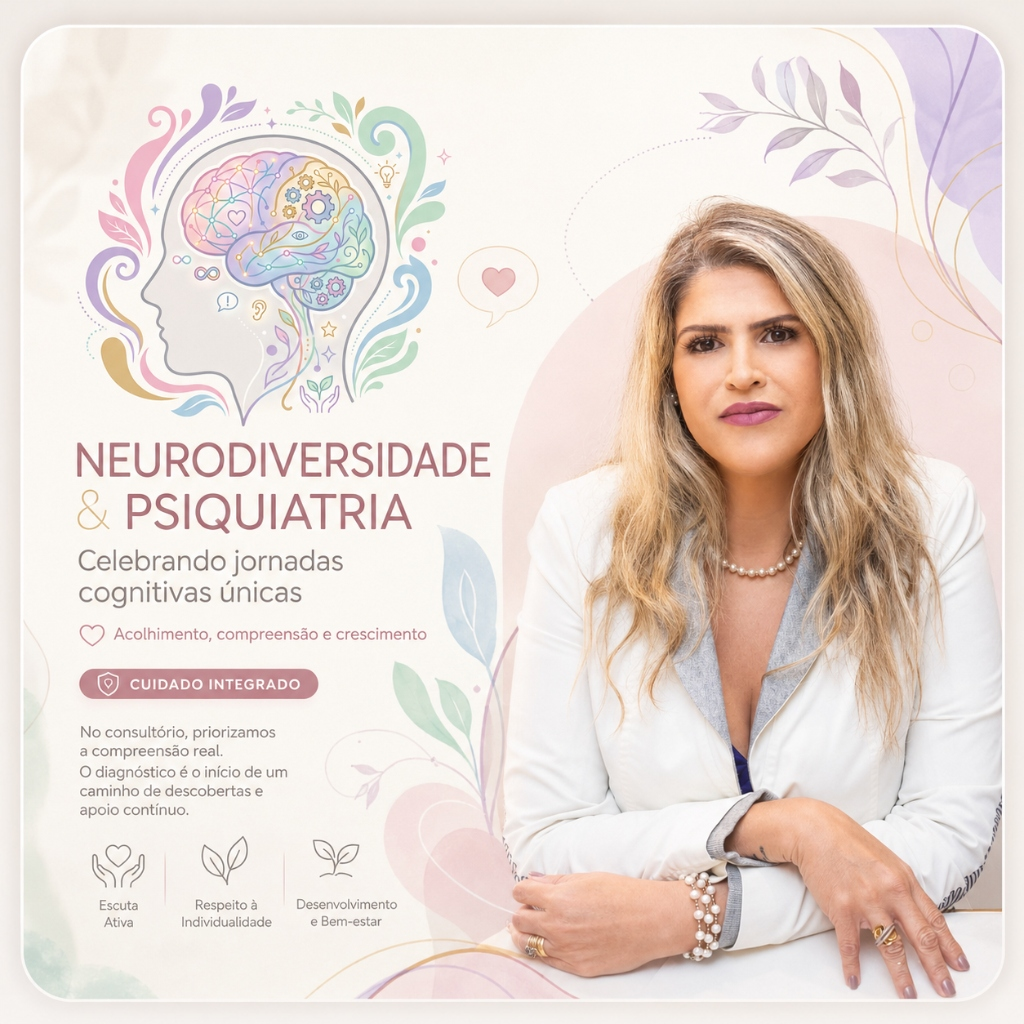 Card ilustrativo sobre Neurodiversidade e Psiquiatria com a Dra. Amanda Val